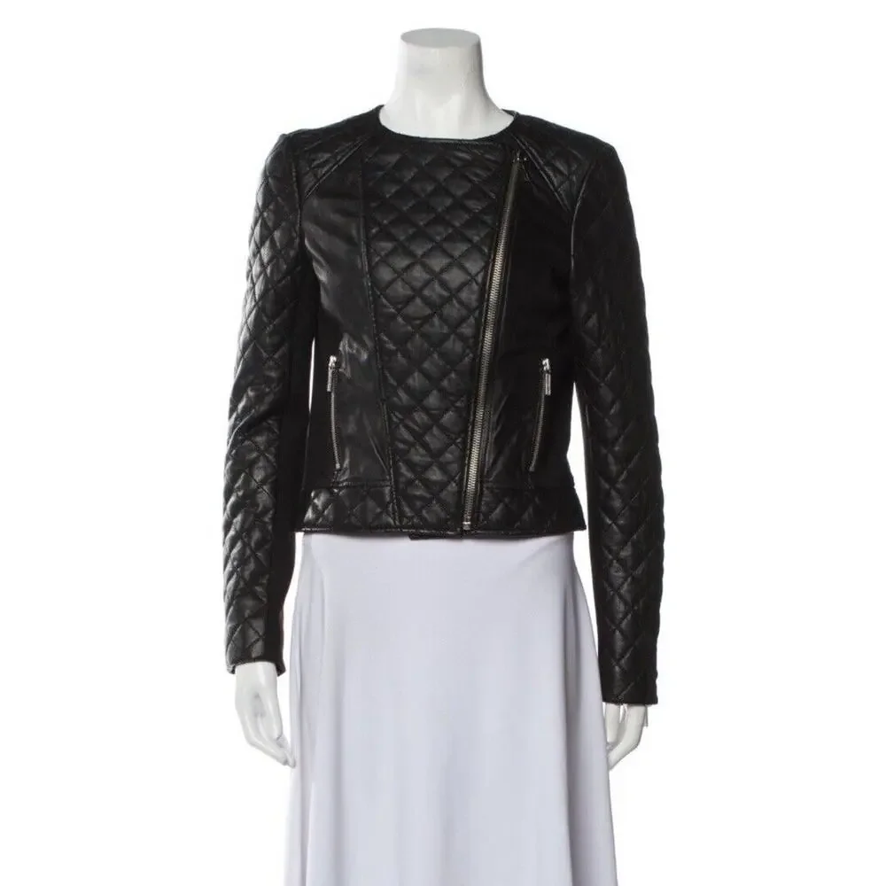 Michael Kors Lamb Leather Biker Jacket Small Black Zip Front Pockets Quilted - Picture 1 of 10